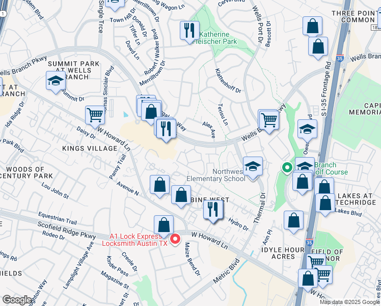 map of restaurants, bars, coffee shops, grocery stores, and more near 1914 Bench Mark Drive in Austin