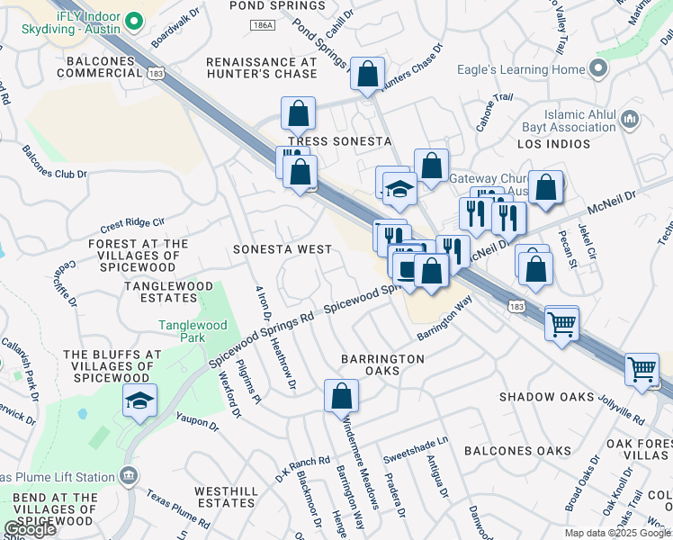 map of restaurants, bars, coffee shops, grocery stores, and more near 8617 Spicewood Springs Road in Austin