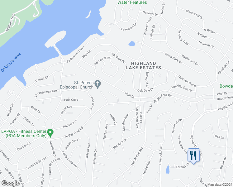 map of restaurants, bars, coffee shops, grocery stores, and more near 21108 Boggy Ford Road in Lago Vista