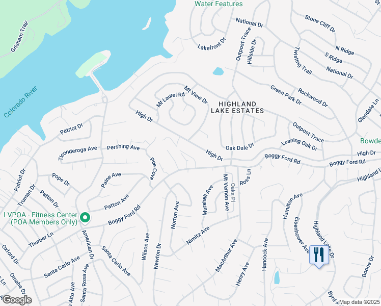 map of restaurants, bars, coffee shops, grocery stores, and more near 21208 Boggy Ford Road in Lago Vista