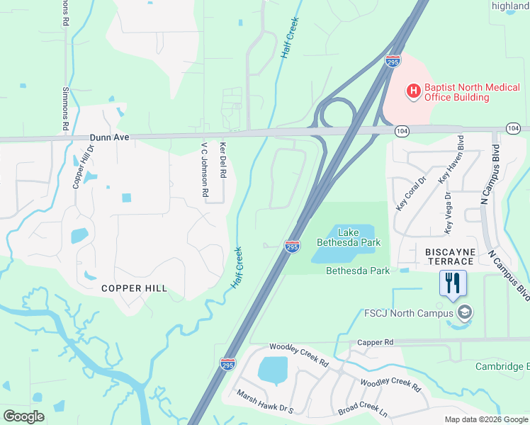 map of restaurants, bars, coffee shops, grocery stores, and more near 10872 Creative Drive South in Jacksonville
