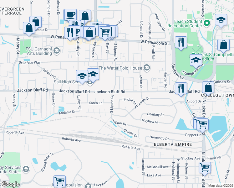 map of restaurants, bars, coffee shops, grocery stores, and more near 1826 Tyndall Drive in Tallahassee