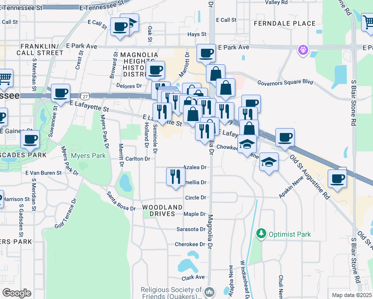 map of restaurants, bars, coffee shops, grocery stores, and more near 1112 South Magnolia Drive in Tallahassee