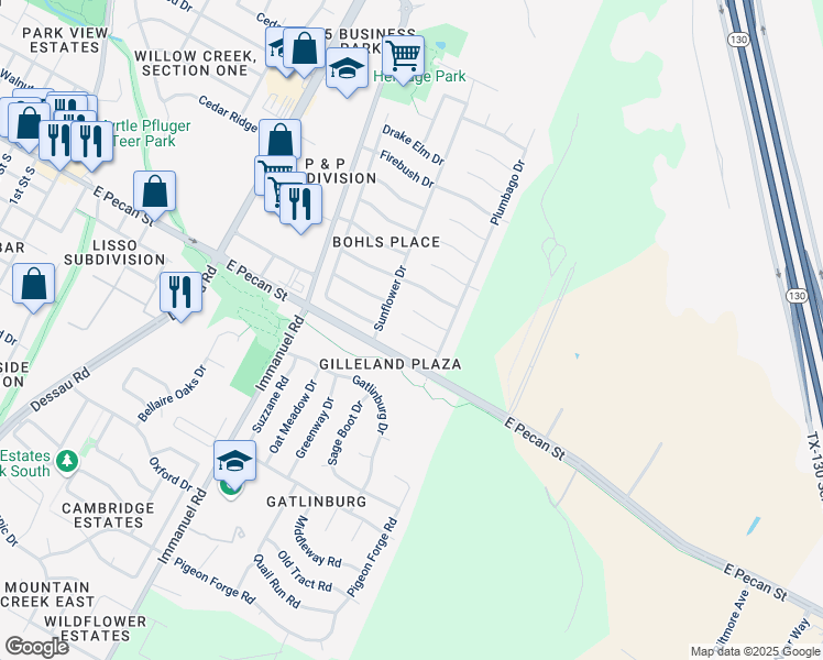 map of restaurants, bars, coffee shops, grocery stores, and more near 1507 Mexican Heather Court in Pflugerville