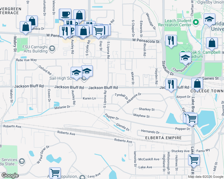 map of restaurants, bars, coffee shops, grocery stores, and more near 1826 Tyndall Drive in Tallahassee