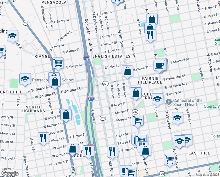 map of restaurants, bars, coffee shops, grocery stores, and more near 2005 North 6th Avenue in Pensacola