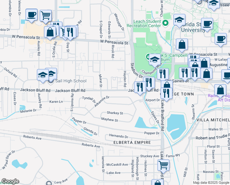 map of restaurants, bars, coffee shops, grocery stores, and more near 1629 Atkamire Drive in Tallahassee