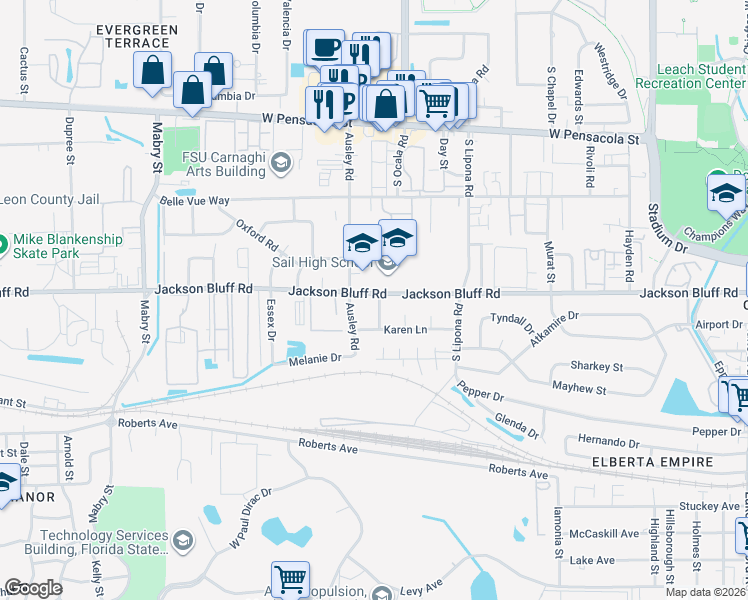 map of restaurants, bars, coffee shops, grocery stores, and more near 2103 Jackson Bluff Road in Tallahassee