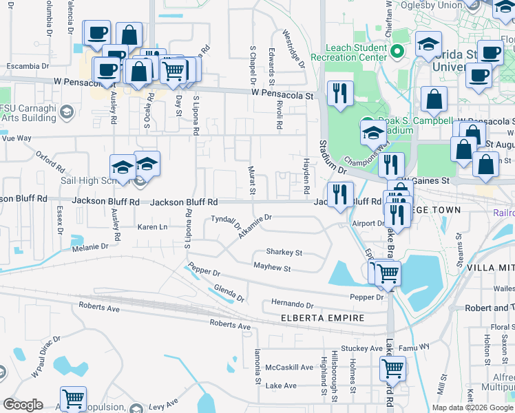 map of restaurants, bars, coffee shops, grocery stores, and more near 1663 Atkamire Drive in Tallahassee
