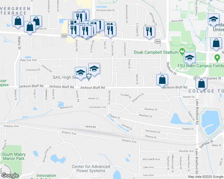 map of restaurants, bars, coffee shops, grocery stores, and more near 1839 Jackson Bluff Road in Tallahassee