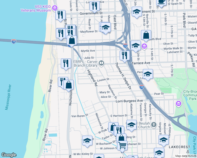 map of restaurants, bars, coffee shops, grocery stores, and more near 1556 Highland Road in Baton Rouge