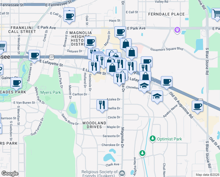 map of restaurants, bars, coffee shops, grocery stores, and more near 1112 South Magnolia Drive in Tallahassee