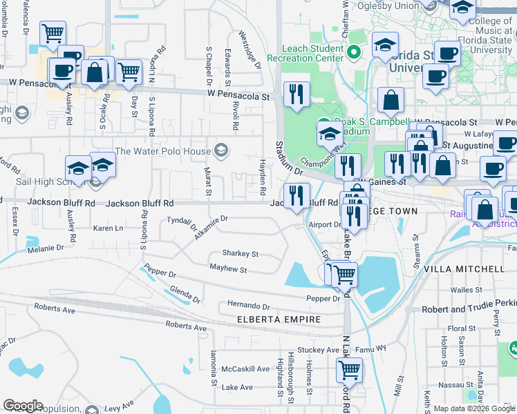 map of restaurants, bars, coffee shops, grocery stores, and more near 1605 Atkamire Drive in Tallahassee
