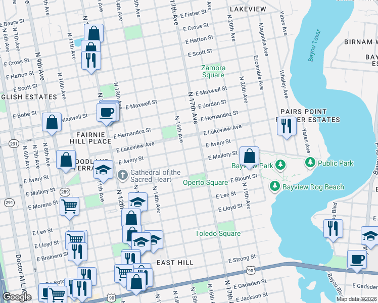 map of restaurants, bars, coffee shops, grocery stores, and more near 1612 East Mallory Street in Pensacola