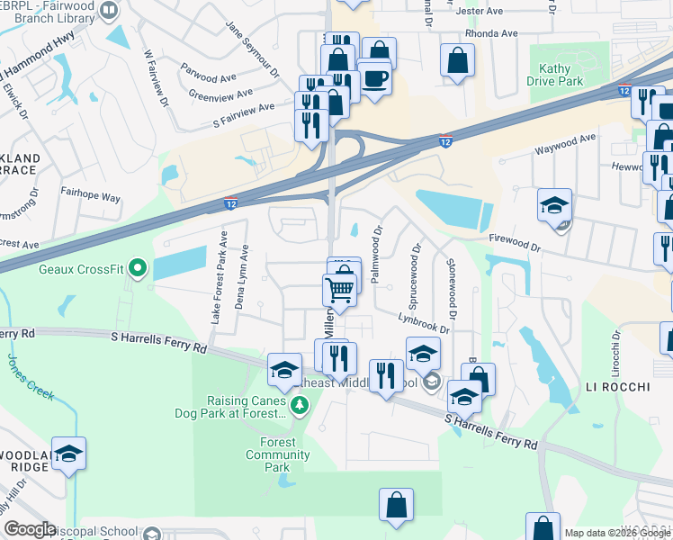 map of restaurants, bars, coffee shops, grocery stores, and more near 2865 Millerville Road in Baton Rouge