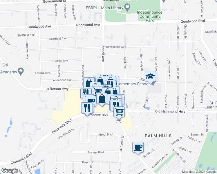 map of restaurants, bars, coffee shops, grocery stores, and more near 1669 Lobdell Avenue in Baton Rouge