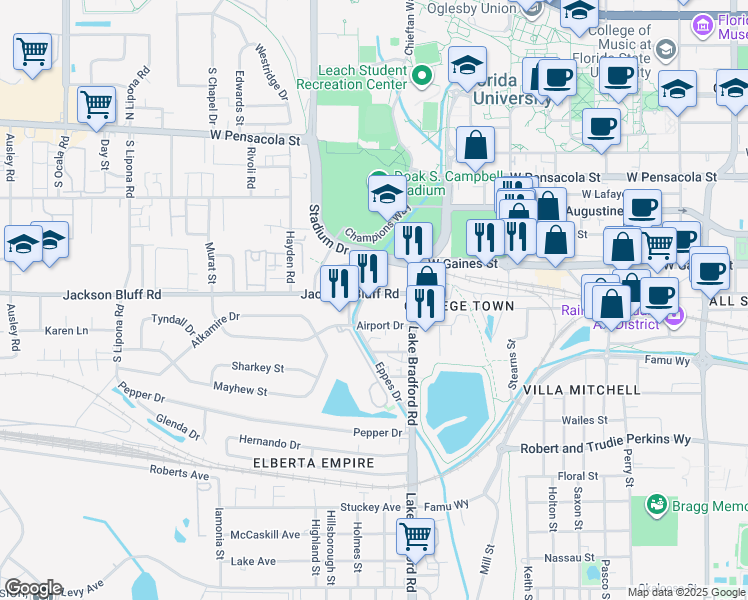map of restaurants, bars, coffee shops, grocery stores, and more near 821 Eppes Drive in Tallahassee