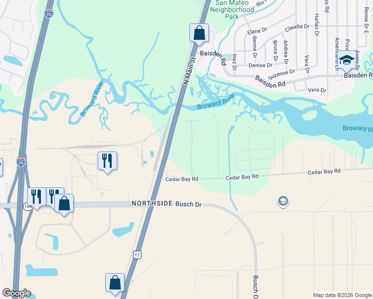 map of restaurants, bars, coffee shops, grocery stores, and more near 10836 Peaceful Harbor Drive in Jacksonville