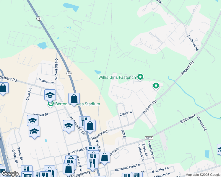 map of restaurants, bars, coffee shops, grocery stores, and more near 108 Little Bill Lane in Willis