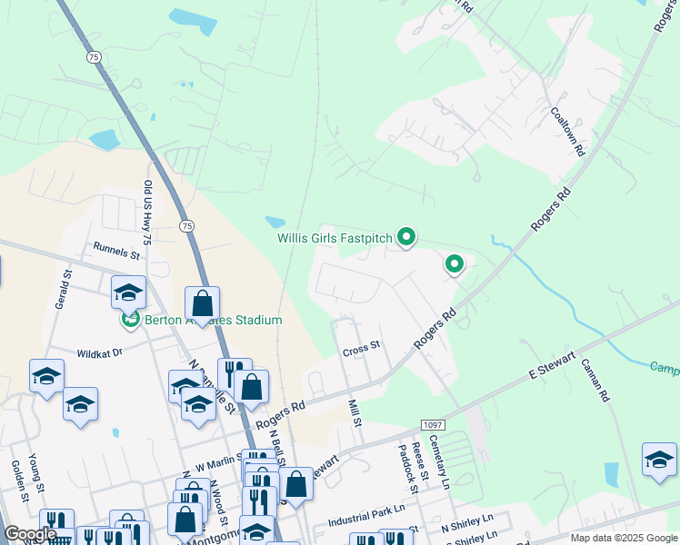 map of restaurants, bars, coffee shops, grocery stores, and more near 303 Laurie Lane in Willis
