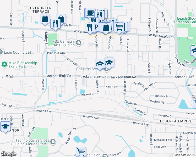 map of restaurants, bars, coffee shops, grocery stores, and more near 510 Ausley Road in Tallahassee