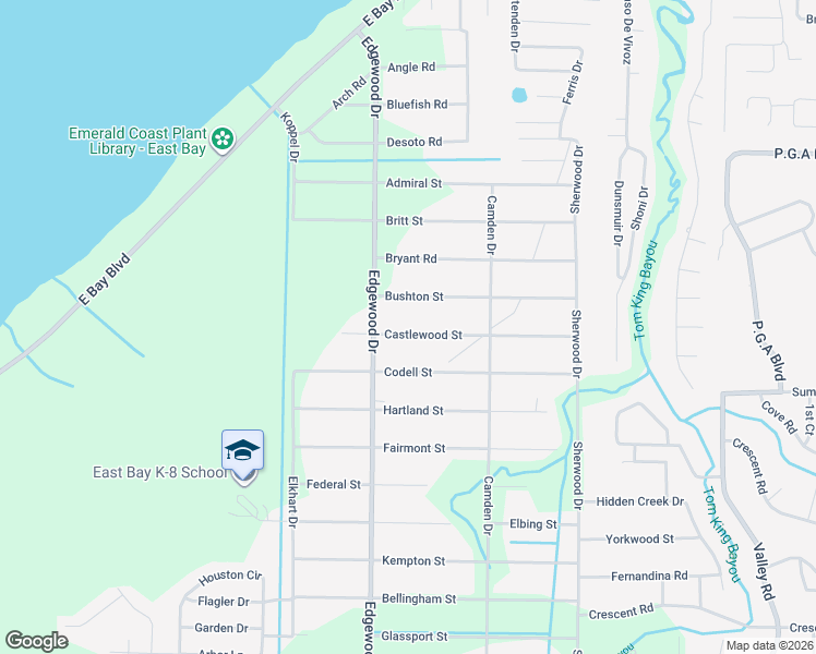 map of restaurants, bars, coffee shops, grocery stores, and more near 6616 Castlewood Street in Navarre