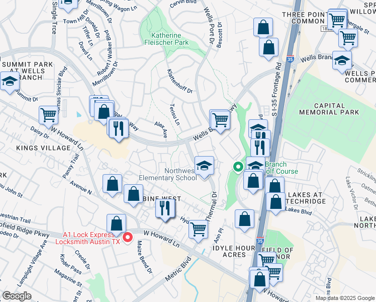 map of restaurants, bars, coffee shops, grocery stores, and more near 14100 Thermal Drive in Austin