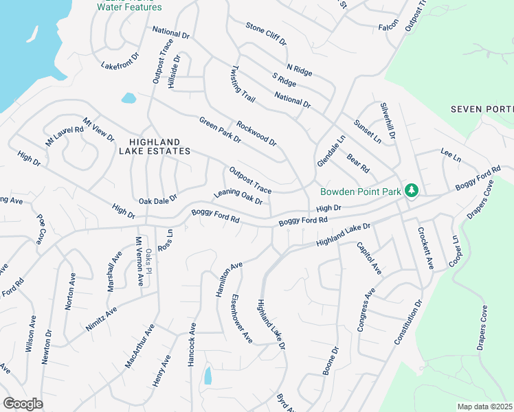 map of restaurants, bars, coffee shops, grocery stores, and more near 20708 Boggy Ford Road in Lago Vista