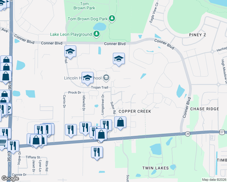 map of restaurants, bars, coffee shops, grocery stores, and more near 3713 Rock Brook Drive in Tallahassee