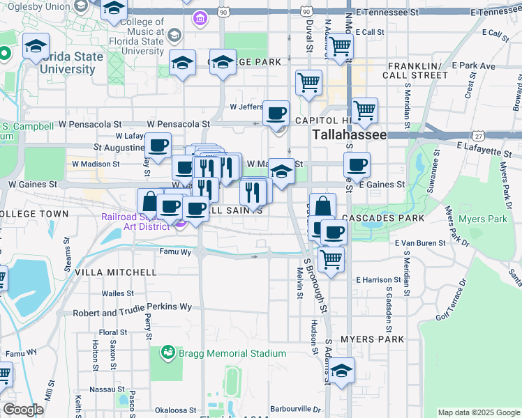 map of restaurants, bars, coffee shops, grocery stores, and more near 423 All Saints Street in Tallahassee