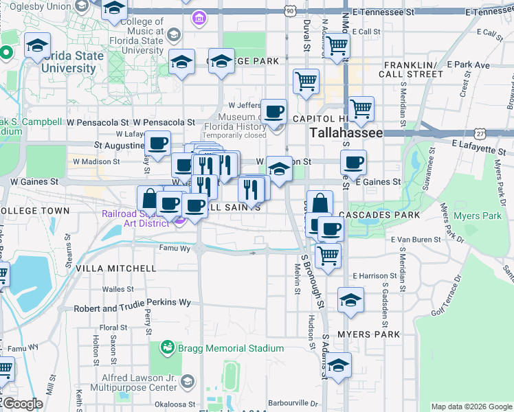 map of restaurants, bars, coffee shops, grocery stores, and more near 423 All Saints Street in Tallahassee