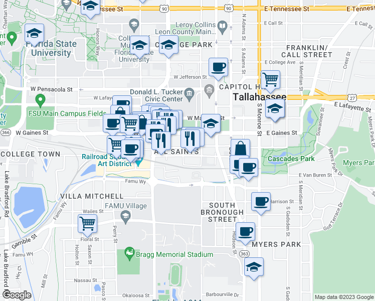 map of restaurants, bars, coffee shops, grocery stores, and more near 423 All Saints Street in Tallahassee