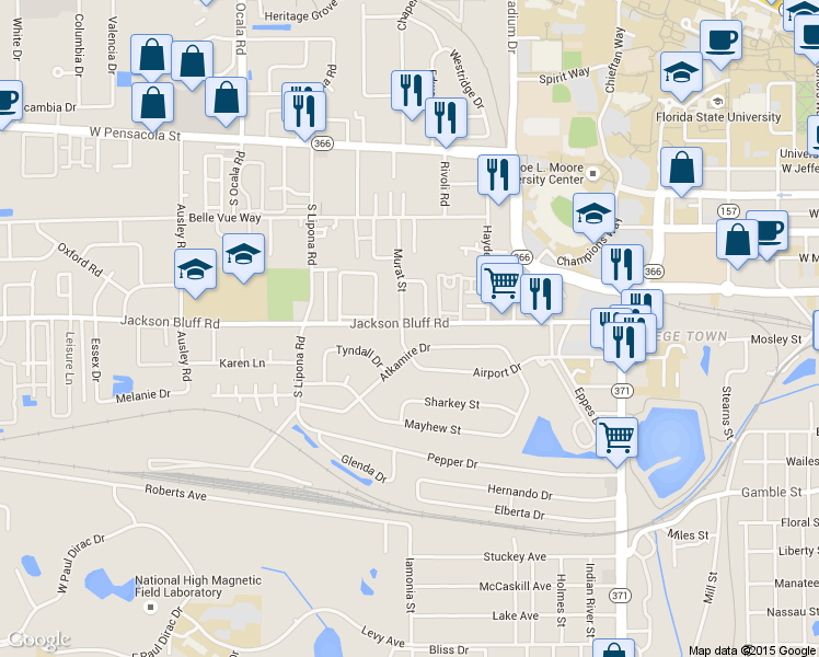 map of restaurants, bars, coffee shops, grocery stores, and more near 1663 Atkamire Drive in Tallahassee
