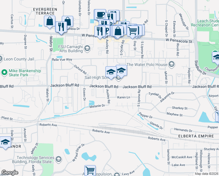 map of restaurants, bars, coffee shops, grocery stores, and more near 510 Ausley Road in Tallahassee
