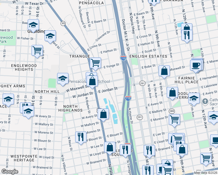 map of restaurants, bars, coffee shops, grocery stores, and more near 2007 North Tarragona Street in Pensacola