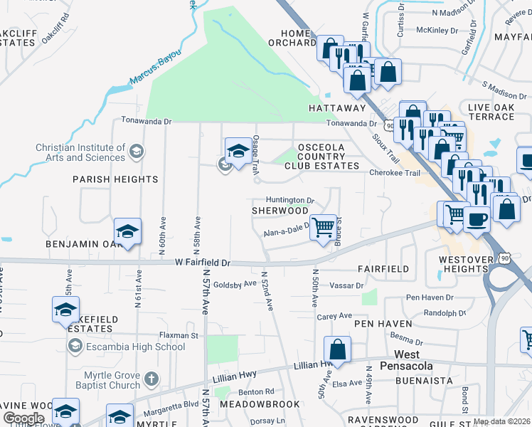 map of restaurants, bars, coffee shops, grocery stores, and more near 6 Alan-a-Dale Drive in Pensacola