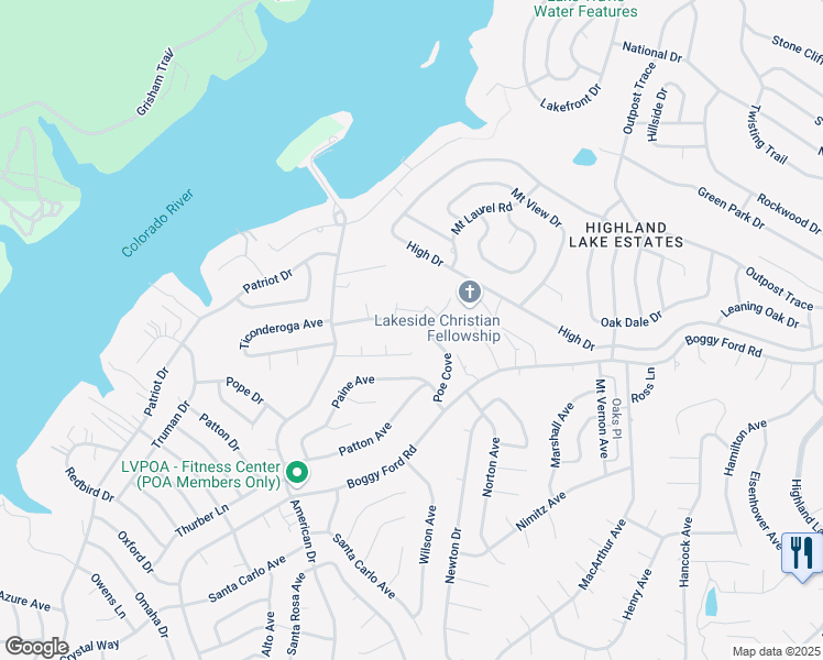 map of restaurants, bars, coffee shops, grocery stores, and more near 21401 Polk Cove in Lago Vista