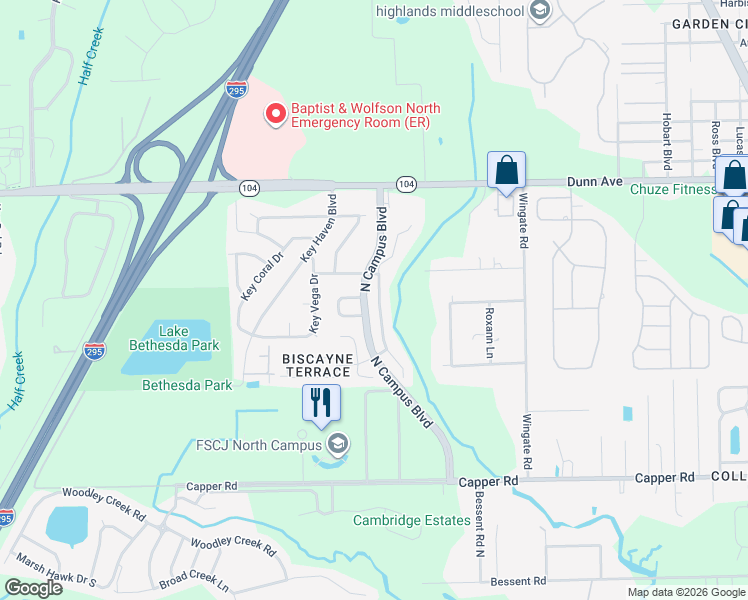 map of restaurants, bars, coffee shops, grocery stores, and more near 10956 Campus Heights Lane in Jacksonville