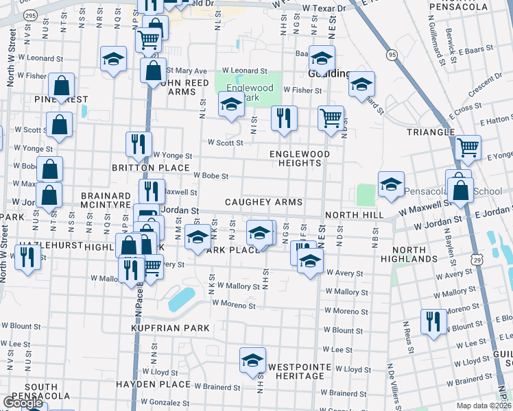 map of restaurants, bars, coffee shops, grocery stores, and more near 1301 West Jordan Street in Pensacola