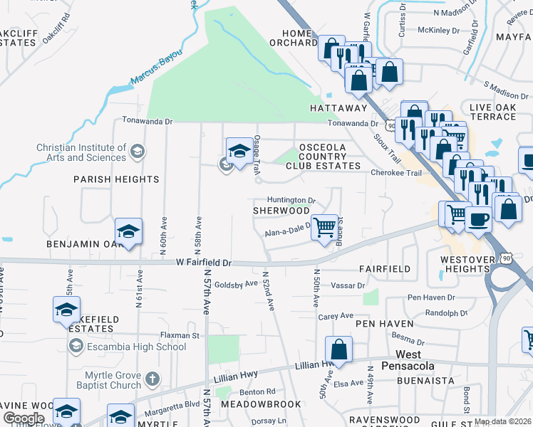 map of restaurants, bars, coffee shops, grocery stores, and more near 6 Alan-a-Dale Drive in Pensacola