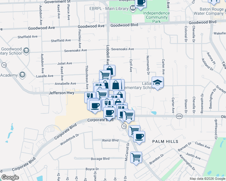 map of restaurants, bars, coffee shops, grocery stores, and more near 7515 Guy Drive in Baton Rouge