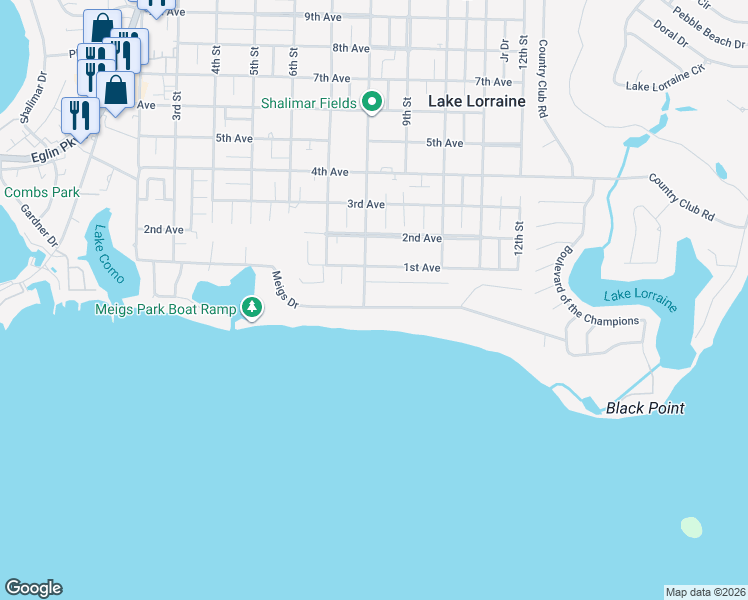 map of restaurants, bars, coffee shops, grocery stores, and more near 73 Meigs Drive in Shalimar
