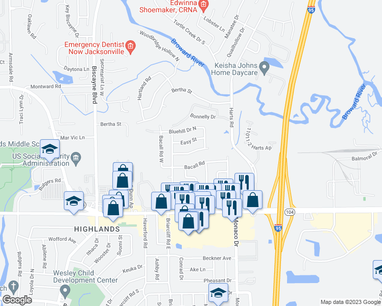 map of restaurants, bars, coffee shops, grocery stores, and more near 1100 Marblehead Road in Jacksonville