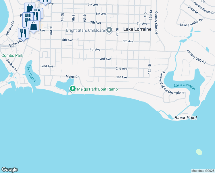 map of restaurants, bars, coffee shops, grocery stores, and more near 73 Meigs Drive in Shalimar