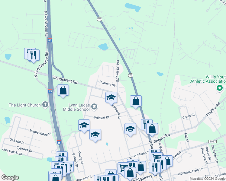 map of restaurants, bars, coffee shops, grocery stores, and more near 104 Longstreet Road in Willis