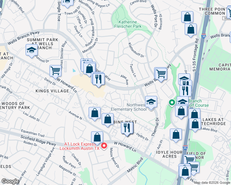 map of restaurants, bars, coffee shops, grocery stores, and more near 1904 Bench Mark Drive in Austin