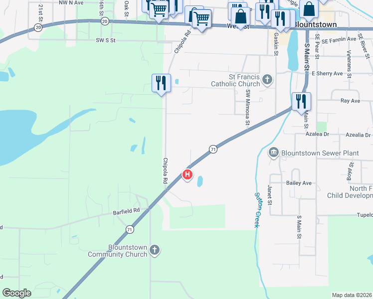 map of restaurants, bars, coffee shops, grocery stores, and more near 16186 Florida 71 in Blountstown