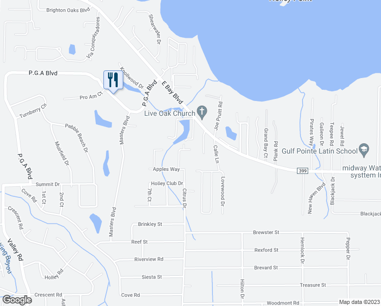 map of restaurants, bars, coffee shops, grocery stores, and more near 2768 Lakes Edge Lane in Navarre
