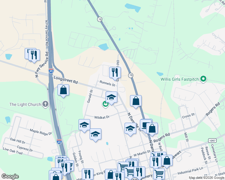 map of restaurants, bars, coffee shops, grocery stores, and more near 104 Longstreet Road in Willis
