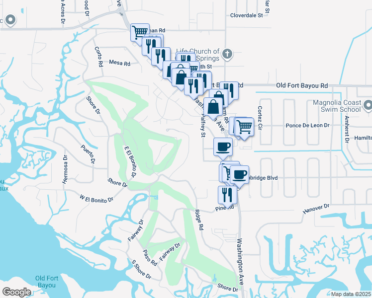 map of restaurants, bars, coffee shops, grocery stores, and more near 6321 Poco Road in Ocean Springs